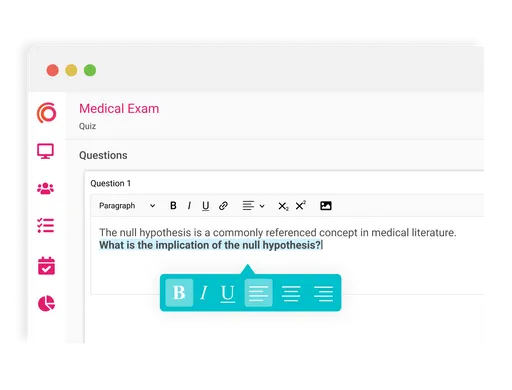 Rich text question editor in Synap showing customisable formatting options for a medical exam question.