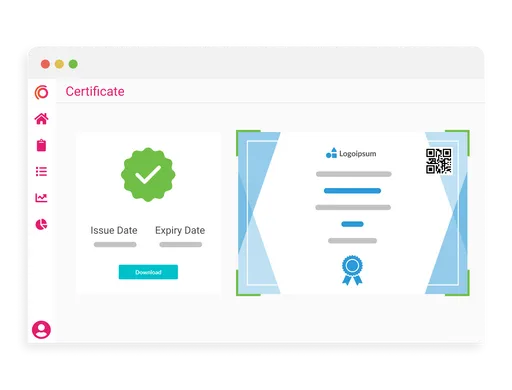 Digital certificate screen displaying issued credentials with download option, issue date, and QR code verification.
