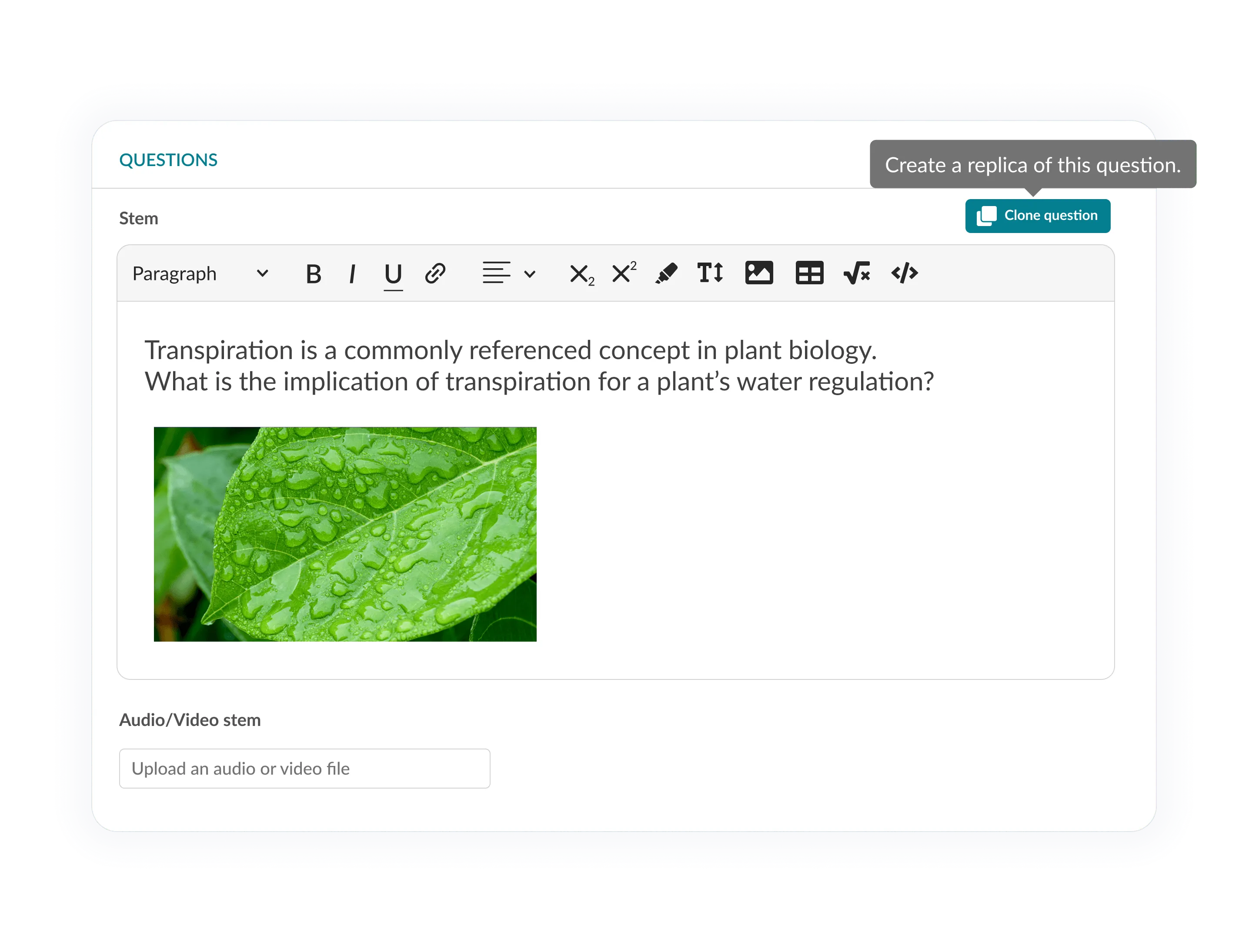 Question editor showing option to clone or duplicate an existing question.