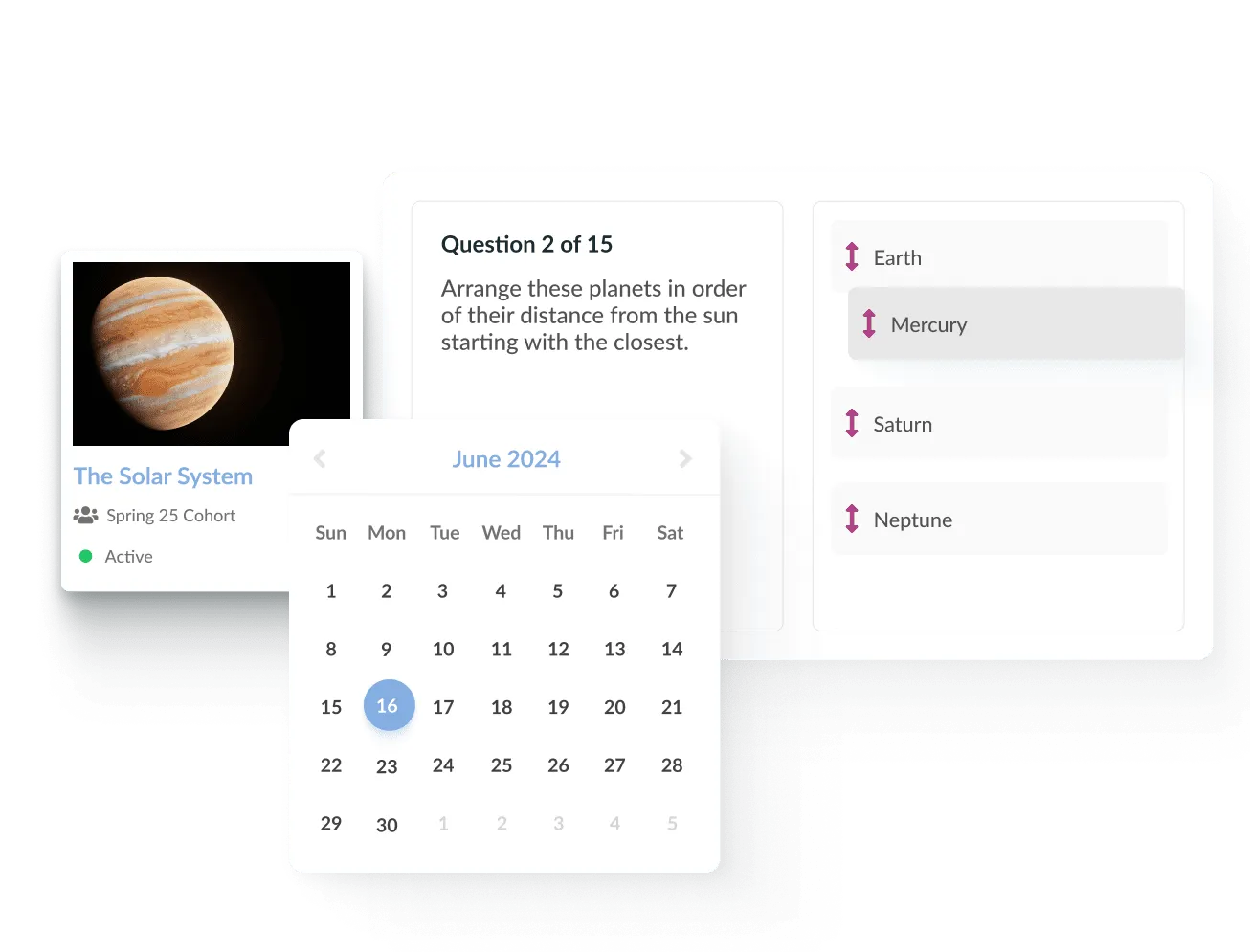 Online exam platform interface showing an interactive solar system quiz, draggable planet order question, and June 2024 exam calendar.