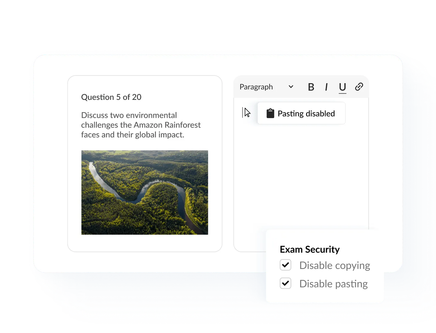 Exam security settings with copying and pasting disabled for candidates