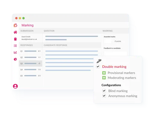 Assessment marking panel with double marking, blind marking, and anonymous reviewer options enabled