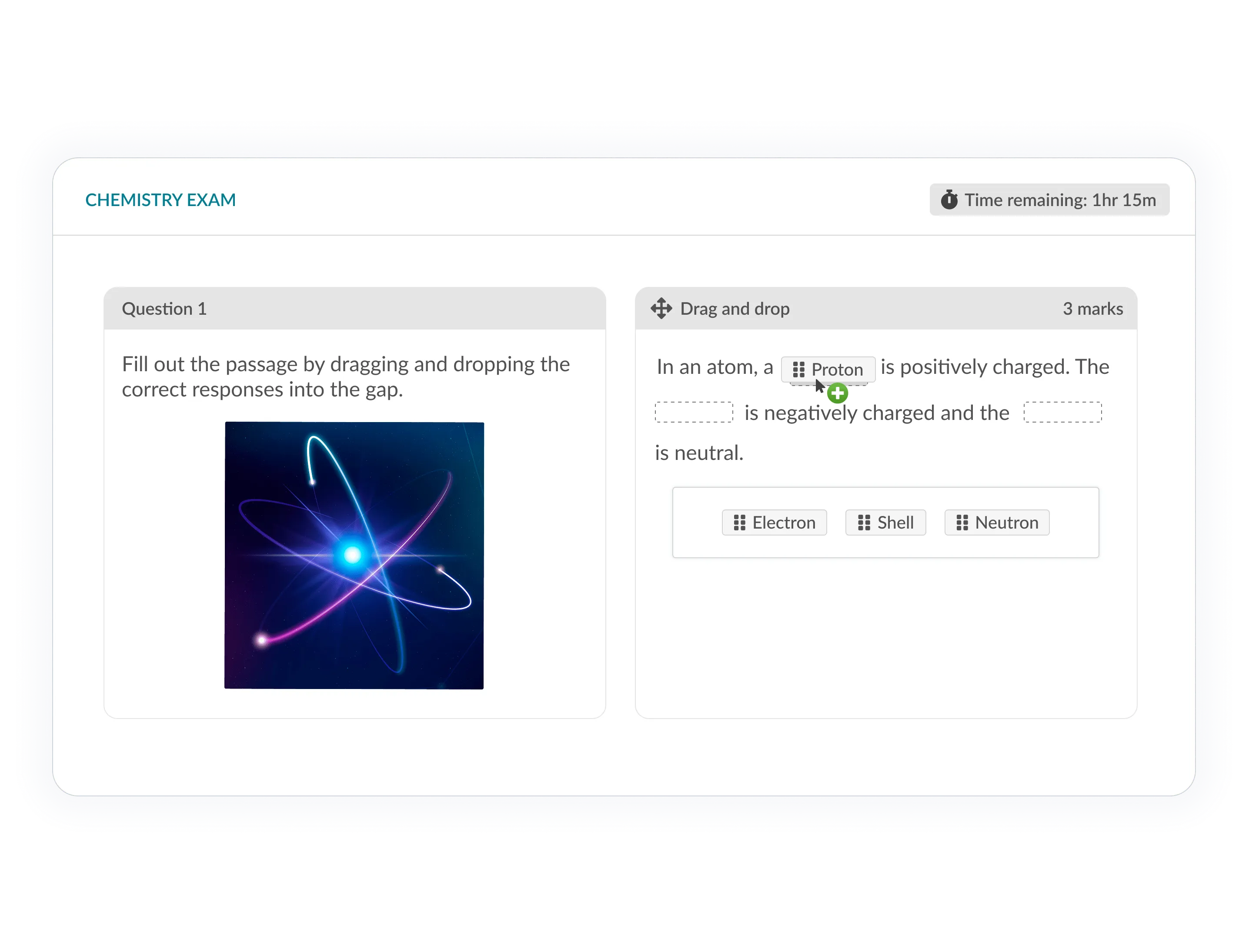 Drag-and-drop exam question showing atom diagram and fill-in-the-gap interaction.