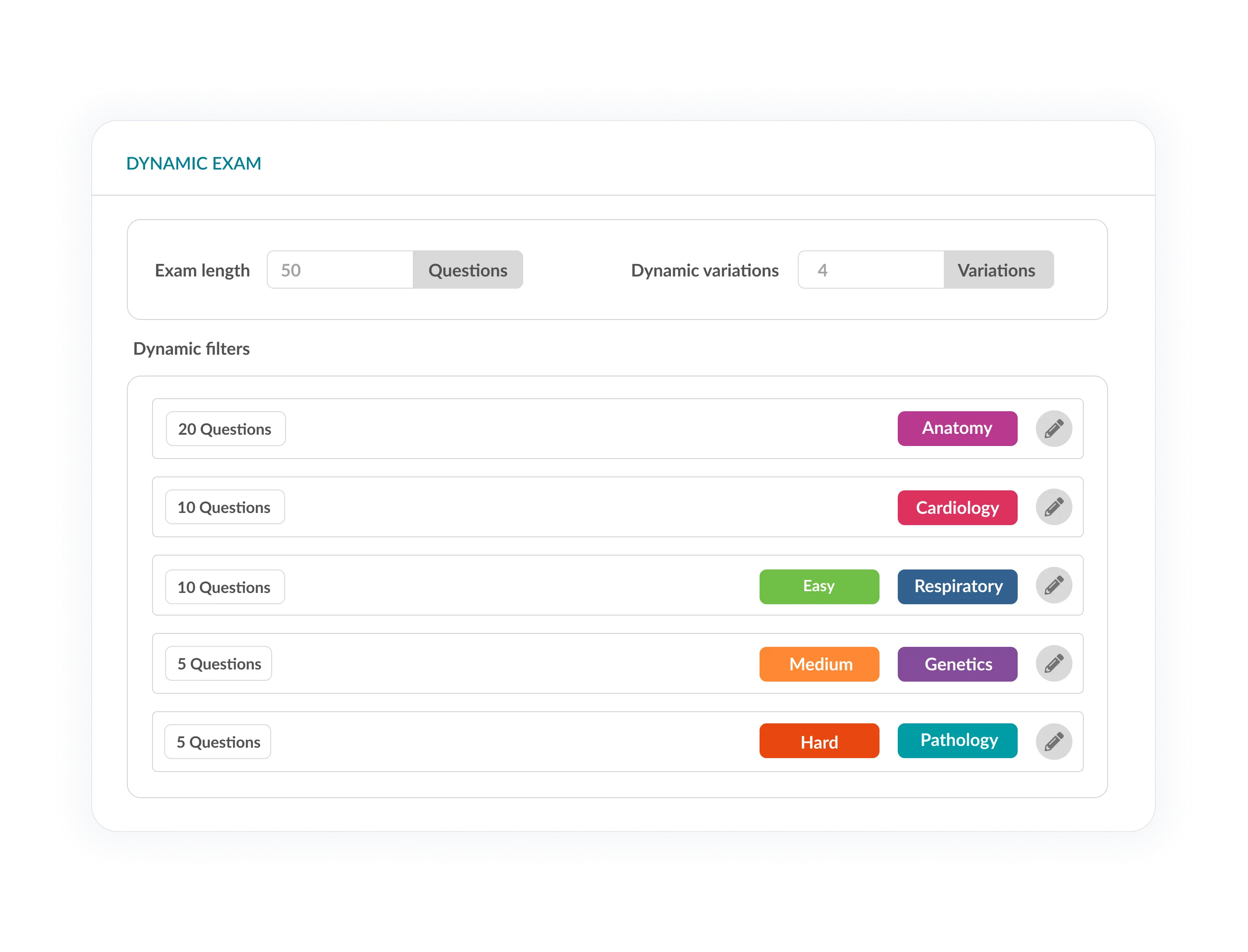 Dynamic exam settings showing filters based on difficulty and topic to generate variations.