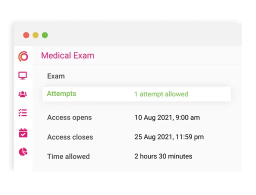 Medical exam settings screen showing attempt limit, access schedule, and total time allowed.