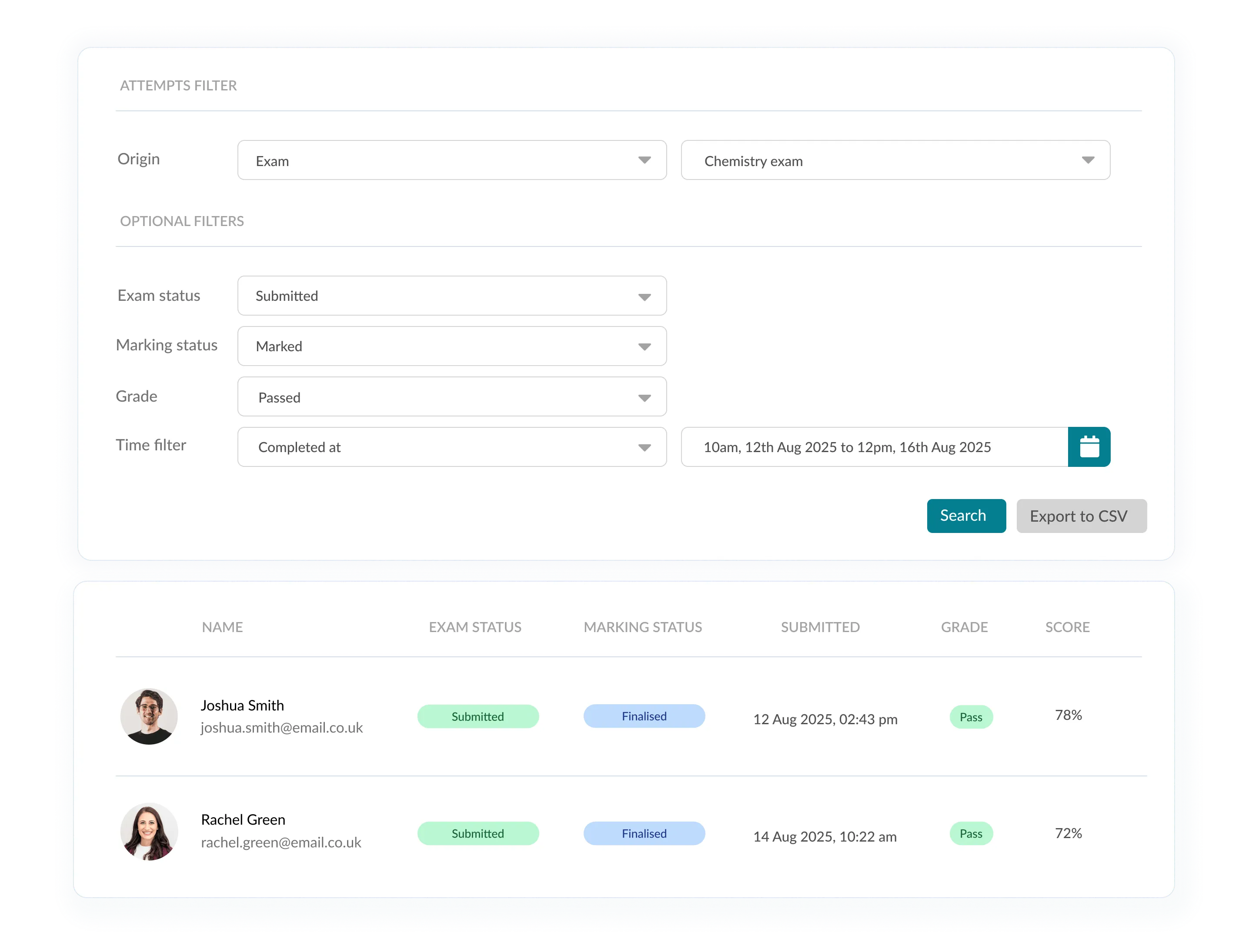 Filtered exam data with student submission status, marking progress, grades, and scores across selected date ranges.