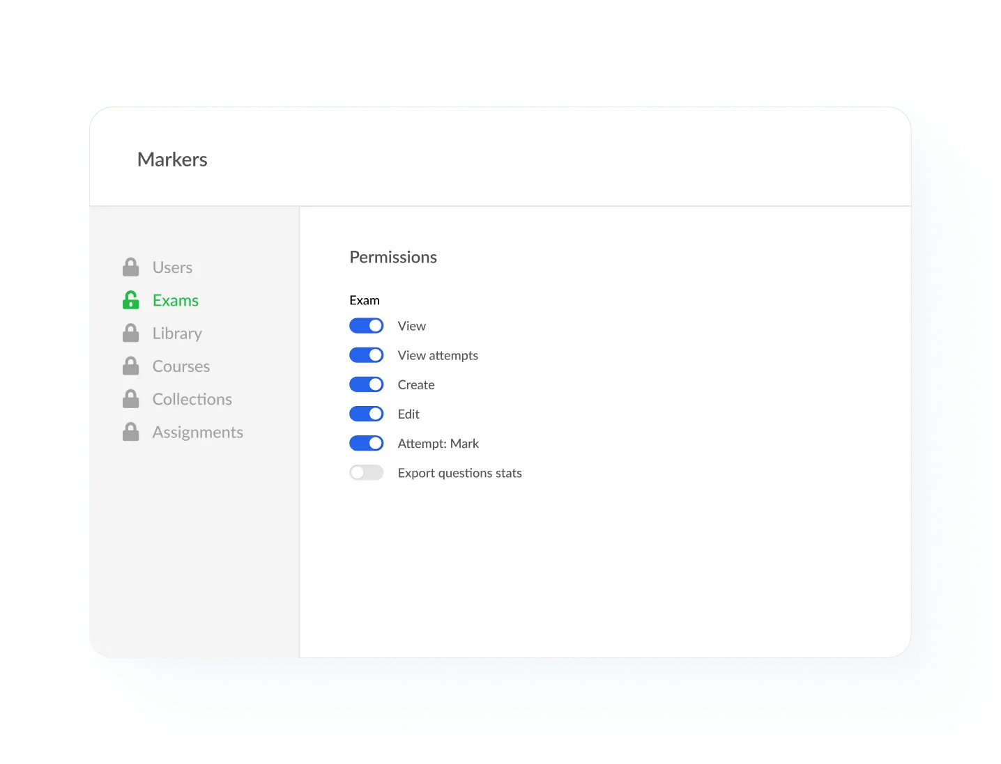 Exam marker role permissions interface with options to view attempts and mark exams