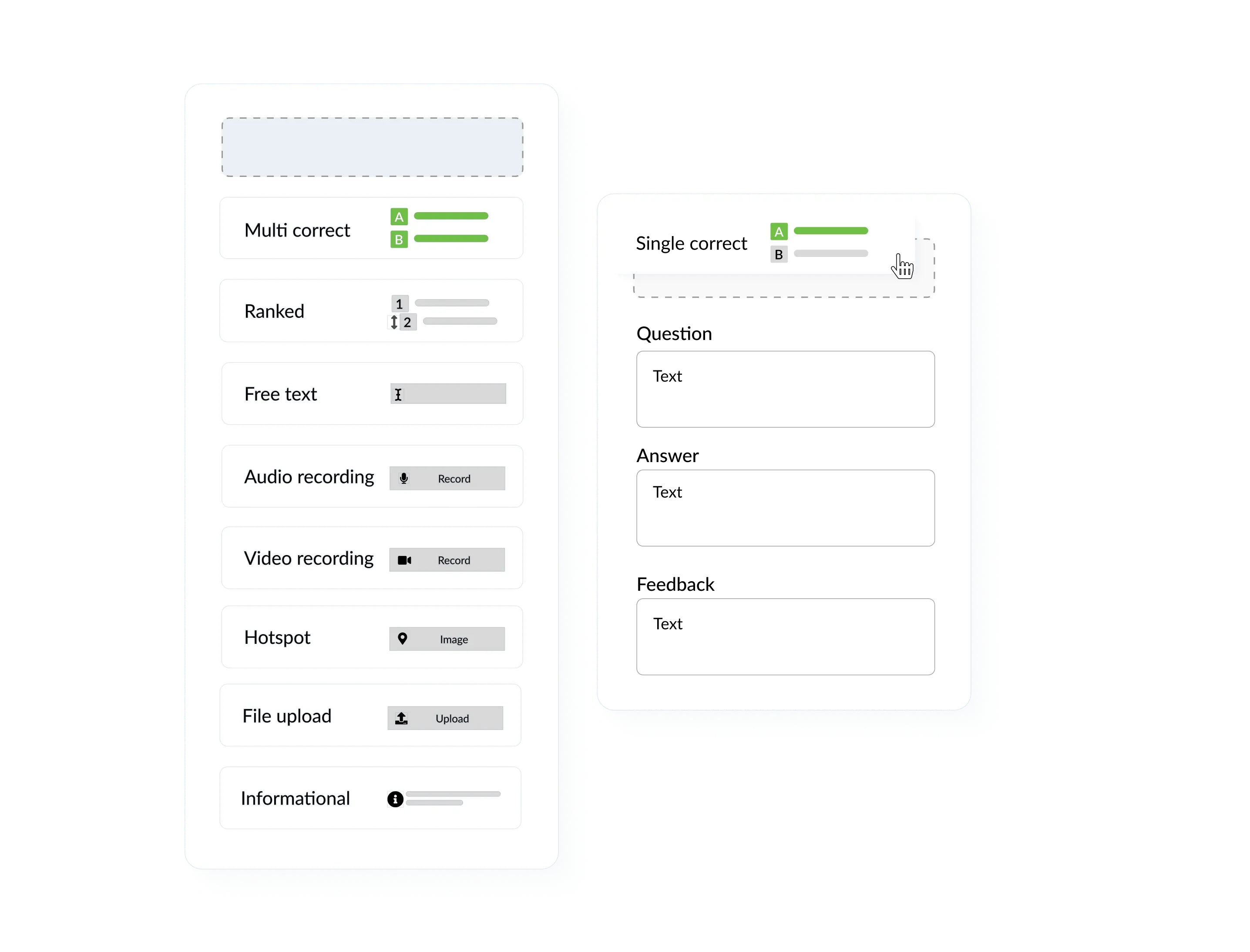 Question authoring screen showing multiple question types including MCQ, free text, audio and video recording.