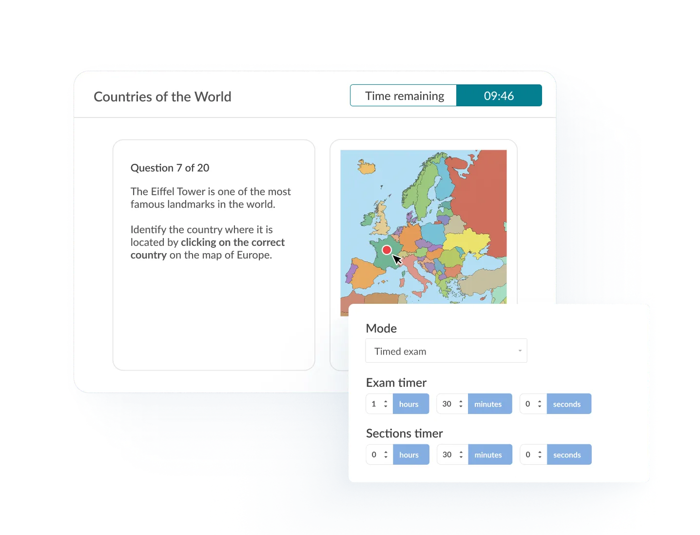 Online exam question with countdown timer showing time remaining for candidates