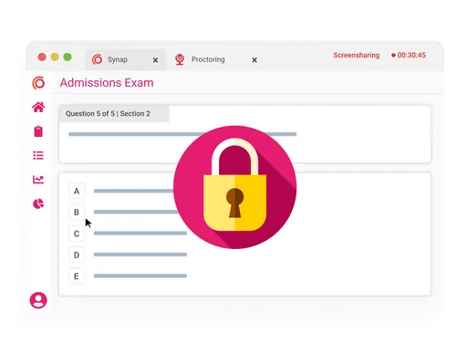 Admissions exam interface with a security overlay, indicating a locked or restricted access mode during an online assessment.