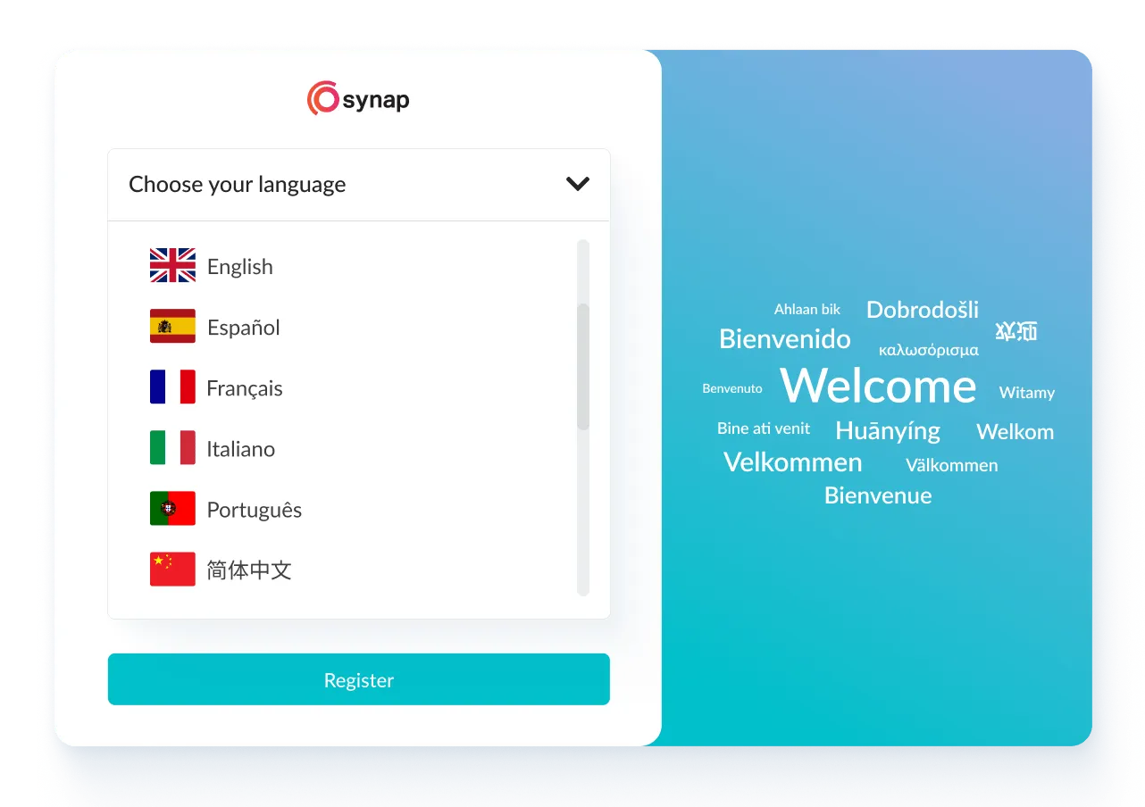Synap multi-lingual support with language selector and welcome message in multiple languages.