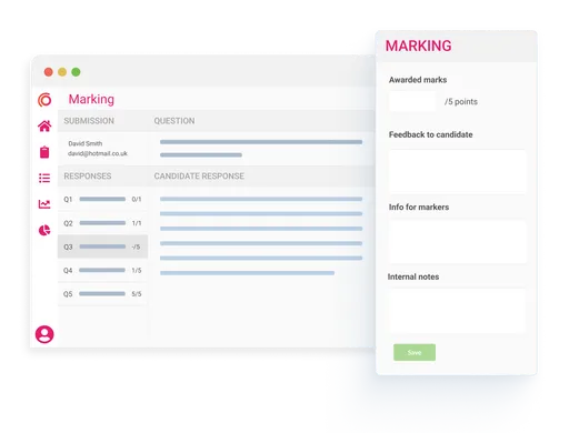 Grading view on an exam platform showing student submissions, awarded marks, and sections for feedback, internal notes, and marker instructions.