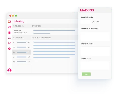 Digital marking screen showing awarded marks, candidate responses, and fields for feedback and internal notes.