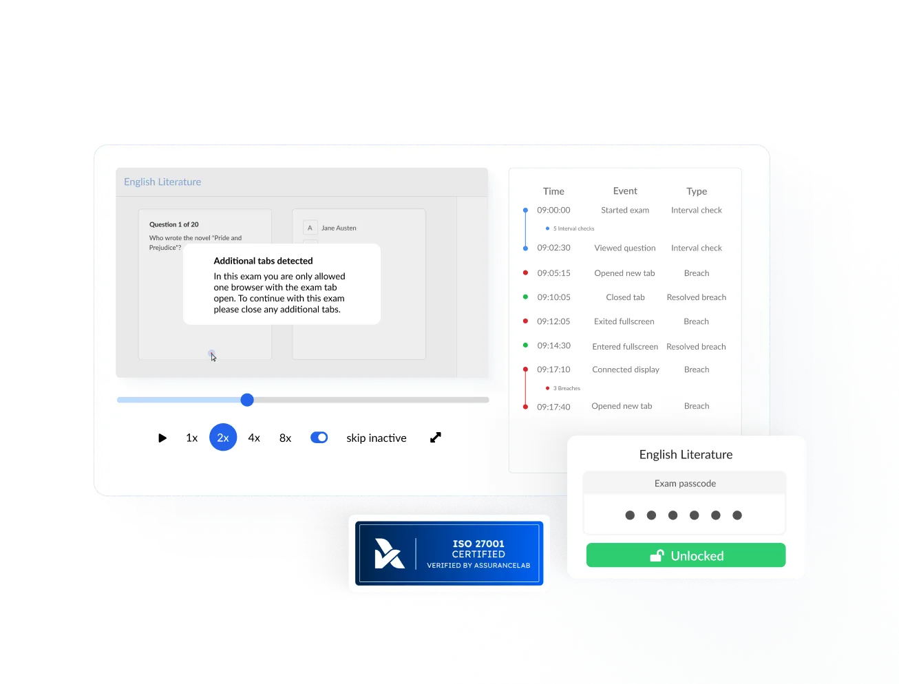 Online exam proctoring system detecting tab breaches with passcode and ISO 27001 certification