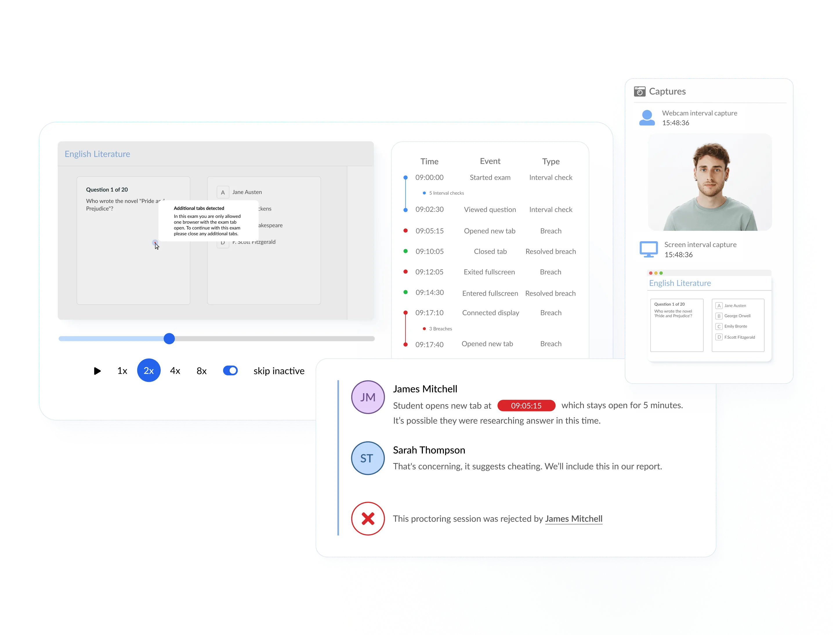 Online proctoring review screen with timeline events, webcam captures and flagged incidents.