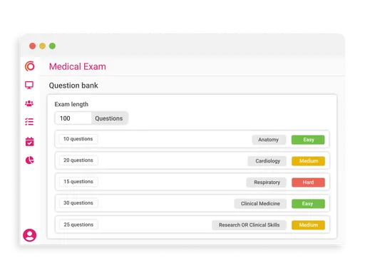 Medical exam builder interface in a digital assessment tool showing categorised question bank by topic and difficulty level.