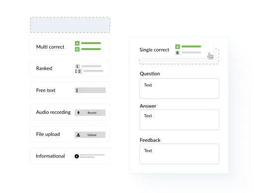 Question type selector in a digital exam interface showing multiple choice, text, audio, and file upload options.
