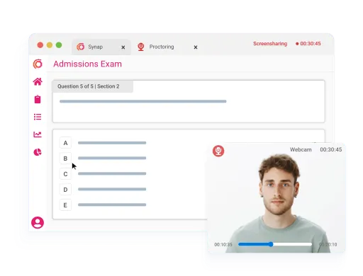 Online admissions exam with live webcam monitoring and screensharing enabled for proctoring.