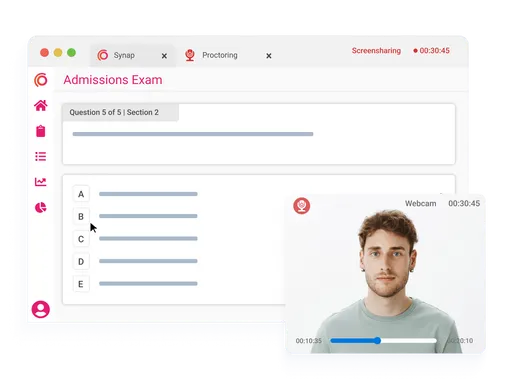 Online admissions test interface with integrated proctoring and live webcam monitoring to ensure exam integrity.