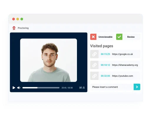 Proctoring review screen showing candidate recording, visited websites, and footage review options.
