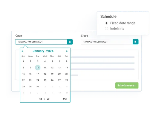 Exam setup tool with date and time pickers for opening and closing assessments, featuring fixed and indefinite scheduling options on a digital testing platform.