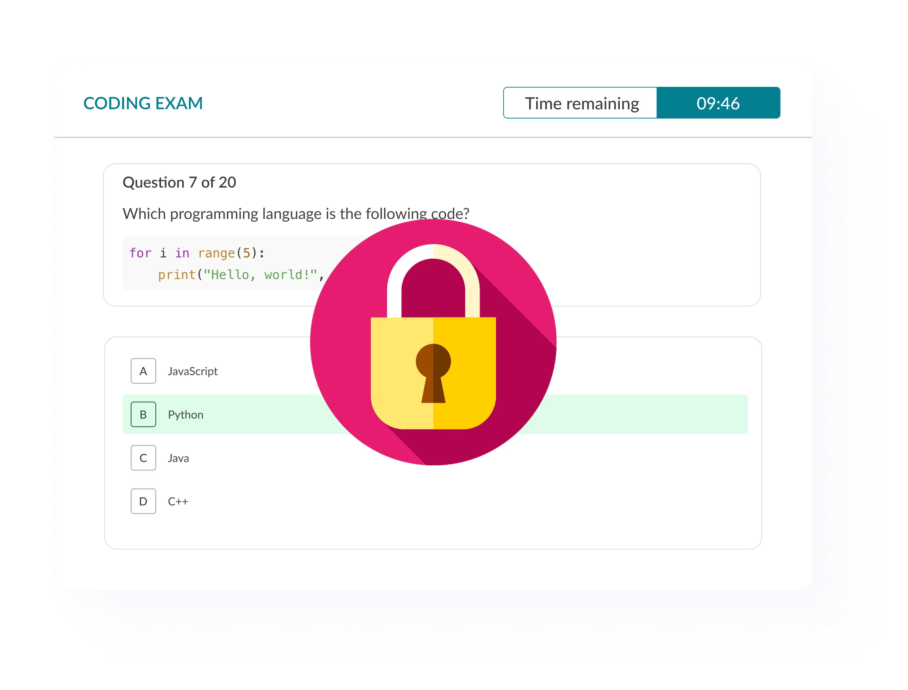Coding exam protected by lockdown browser mode with a security lock icon overlay.