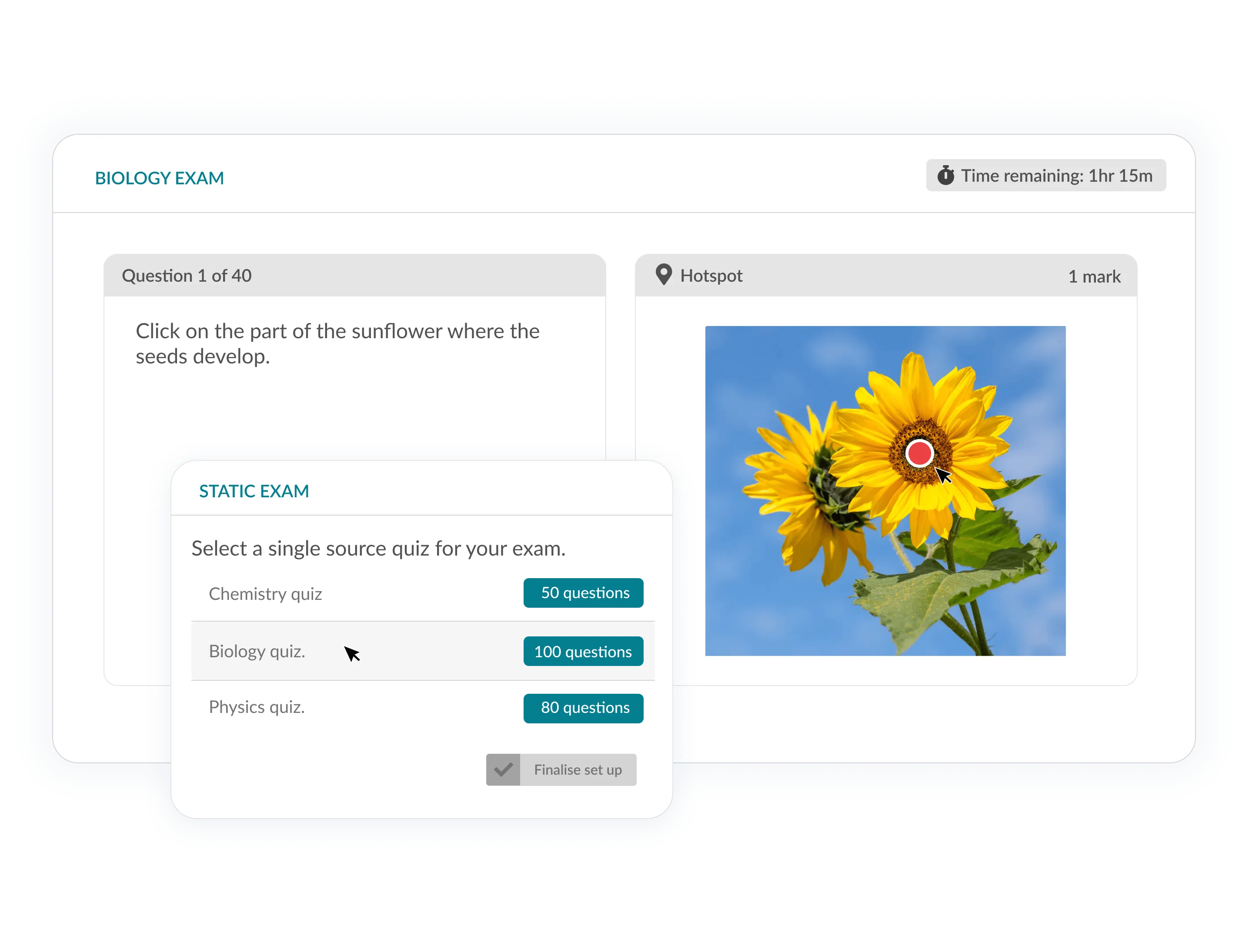 Biology exam with hotspot question and selection panel for choosing quiz source.