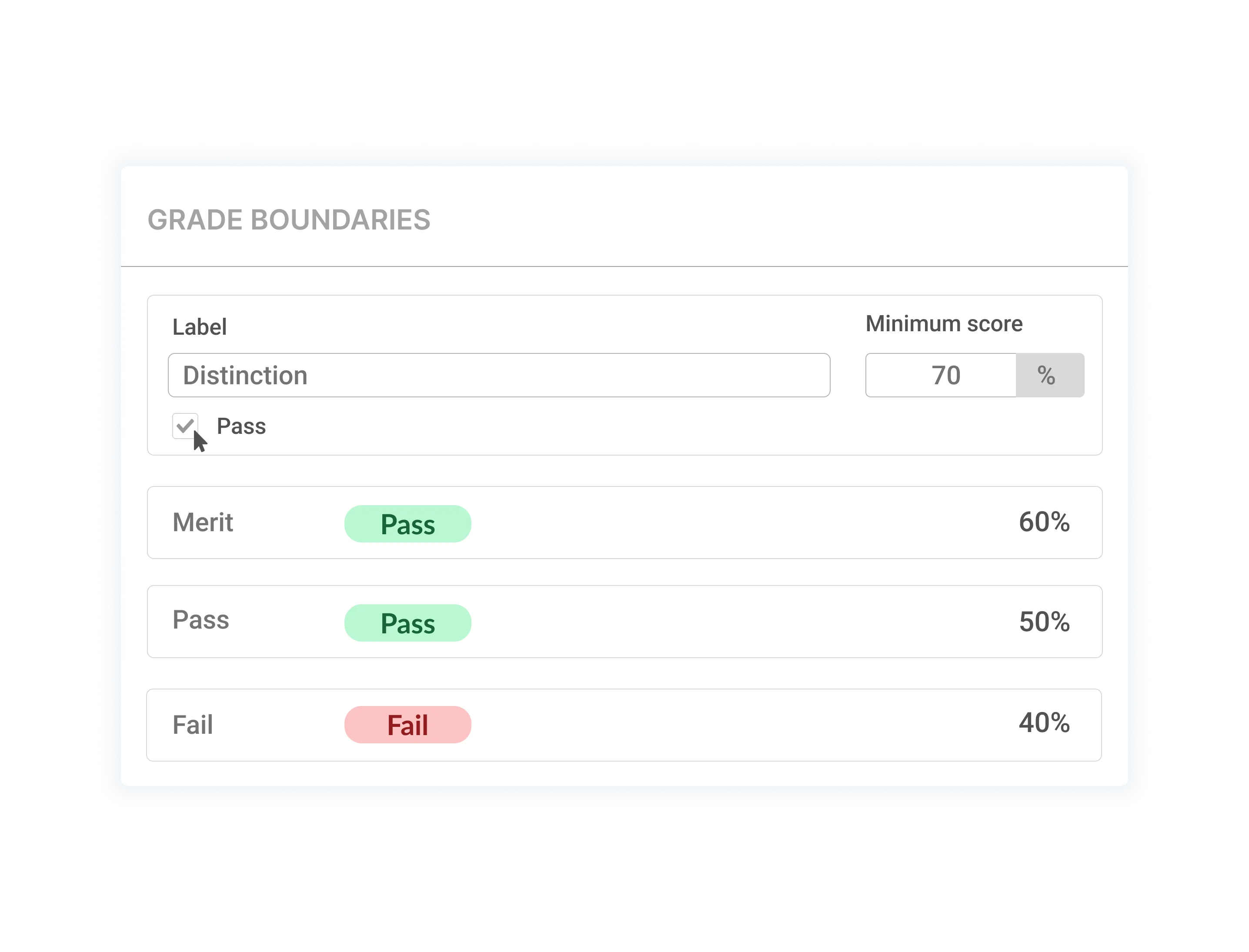 Custom grade boundaries with labels and minimum score percentages for Pass, Merit and Distinction.