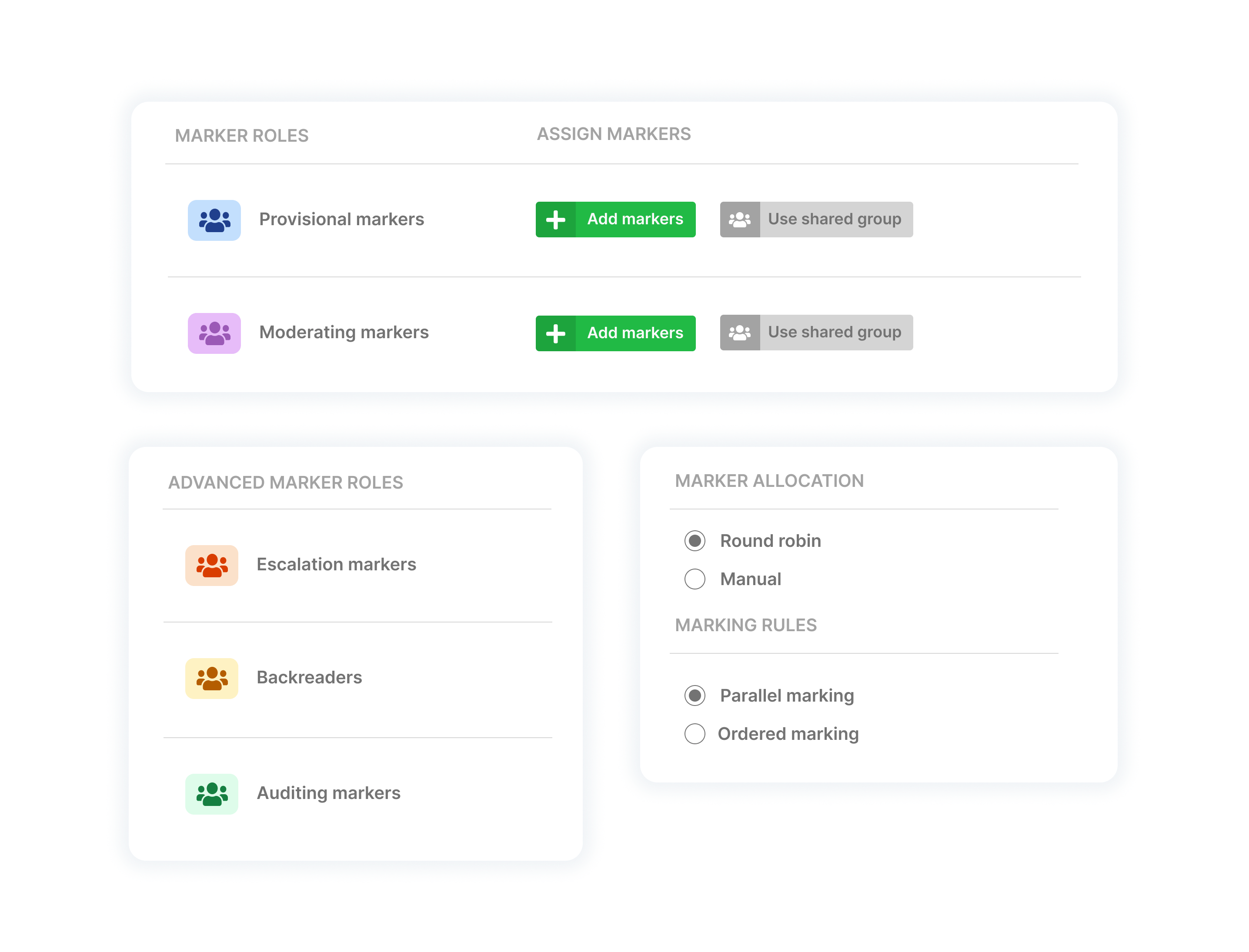 Grading roles and allocation settings, including provisional, moderating, escalation, backreaders and auditing markers.
