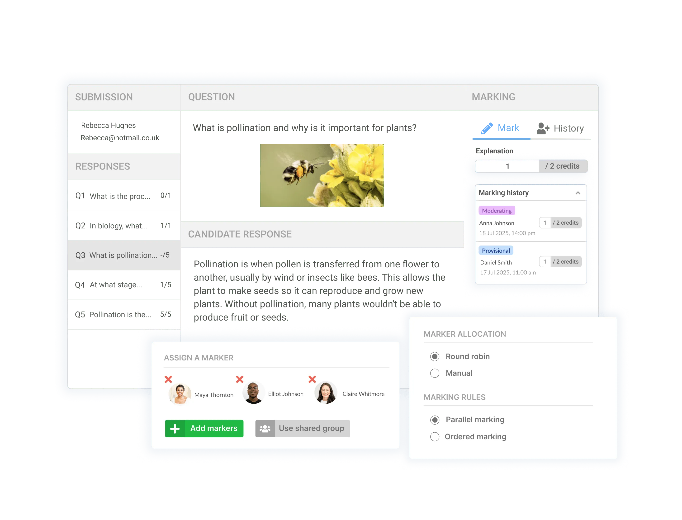 Synap exam grading dashboard with candidate responses and marker assignment.