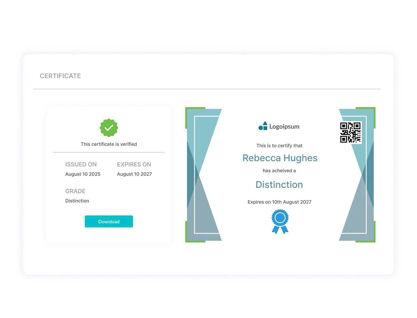 Verified digital certificate with QR code, issue and expiry dates.