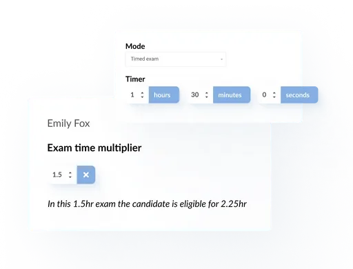 Timed exam settings with adjustable timer and individual candidate time multiplier for extended access.